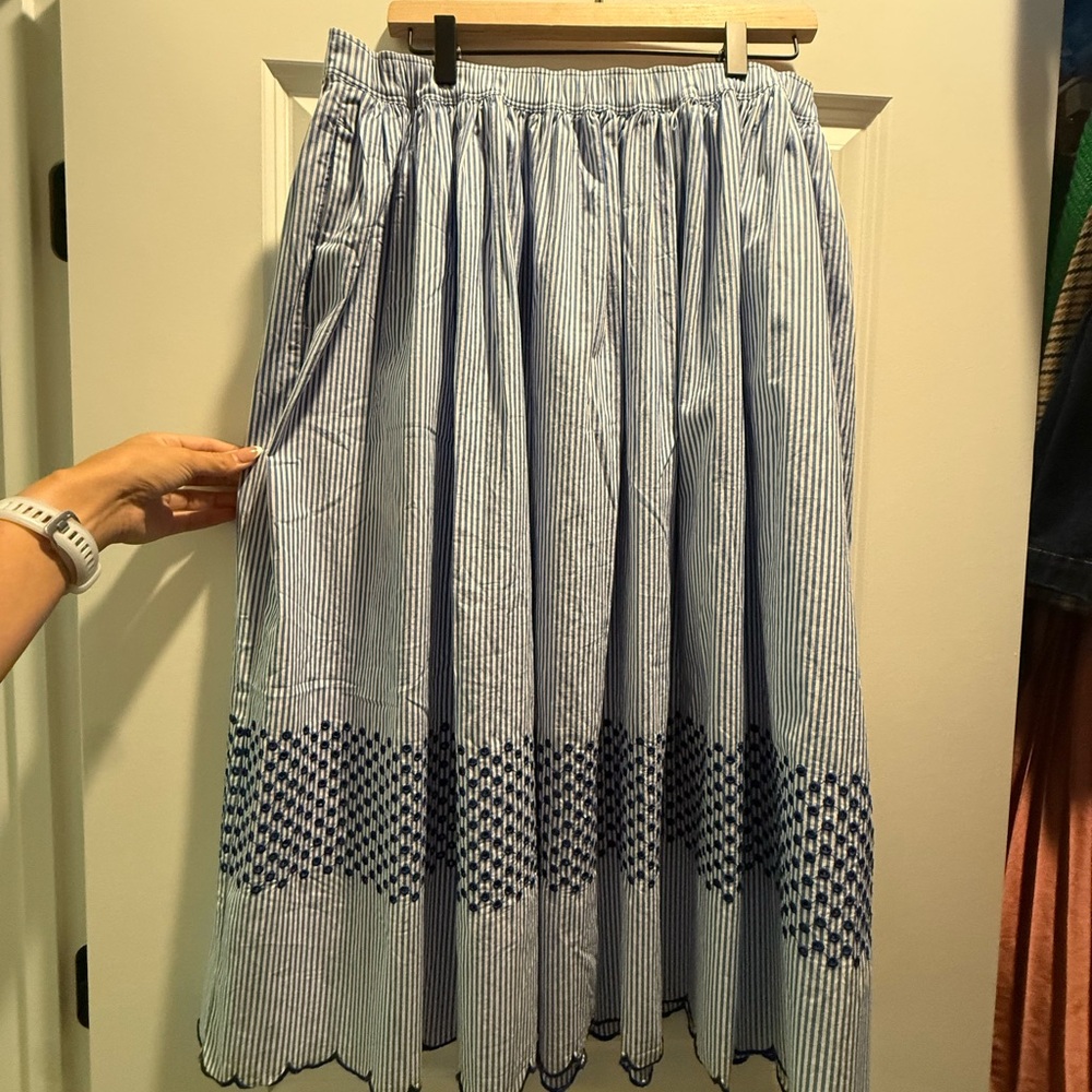 J. Crew Blue and White Striped A-Line Midi Skirt with Navy Embroidered Border